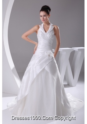 Court Train Ruching Halter A-Line Wedding Dress with Lace-up