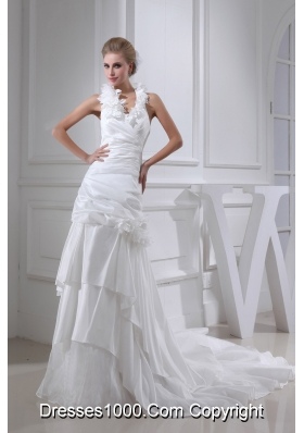 Hand Made Flowers Column Halter Chapel Train Wedding Dress