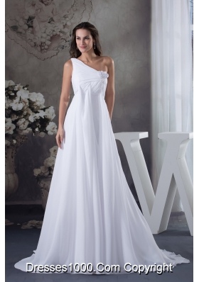Hand Made Flowers Empire One Shoulder Court Train Wedding Dress