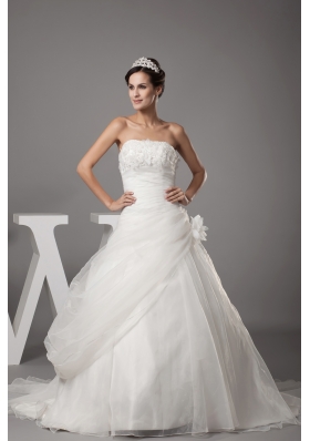 Hand Made Flowers Strapless Court Train Wedding Dress