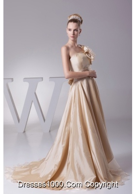 Hand Made Flowers Strapless Princess Wedding Dress With Brush Train