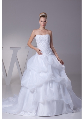 Lace and Pick Up Strapless Court Train A-Line Wedding Dress