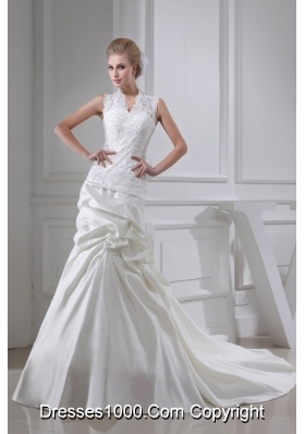 Lace Pick-ups V-neck Mermaid Chapel Train Wedding Dress