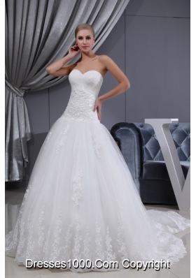 Lace Ruching Sweetheart A-line Chapel Train Wedding Dress