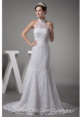 Mermaid Halter Top Lace Court Train Wedding Dress