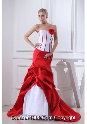 Pick-ups Mermaid Strapless Hand Made Flower Court Train Red Wedding Dress