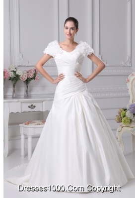 Ruching A-Line V-Neck Court Train Wedding Dress with Short Sleeves