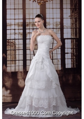 Ruffled Layers Strapless Lace Hand Made Flower Pleat Wedding Dress