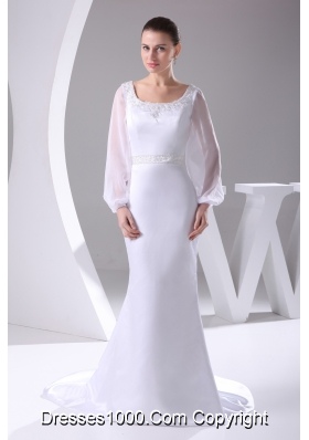 Scoop Long Sleeves Beading Brush Train Wedding Dress