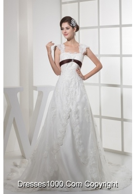 Square Neck Princess Lace Wedding Dress With Brown Sash