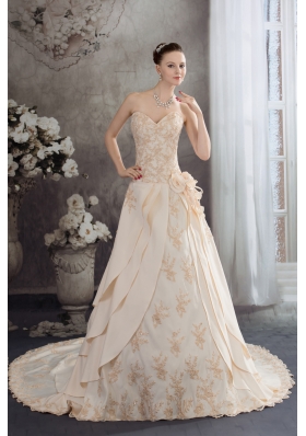 Sweetheart A-line Appliques Hand Made Flowers Taffeta Wedding Dress