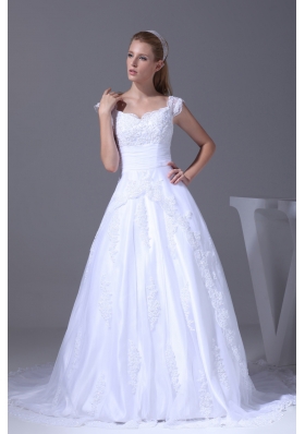 V-neck Caps Sleeves Lace Court Train A-line Wedding Dress