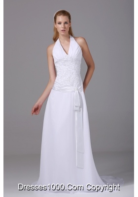 Halter Top Column Chiffon Appliques And Ruch Wedding Dress