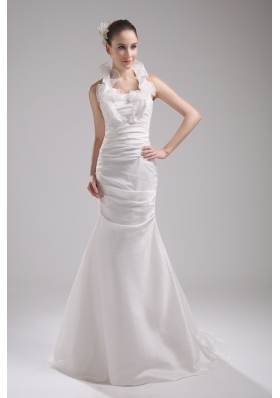 Halter Top Column Hand Made Flowers Wedding Dress