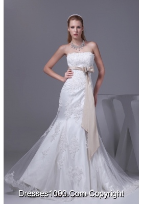 Lace Sash Strapless Mermaid Court Train Wedding Dress