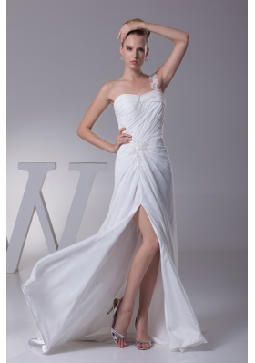 One Shoulder High Slit Ruching Appliques Wedding Dress