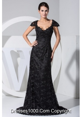 Black Lace Flowers Cap Sleeves Scoop Prom Dresses with Sweep Train