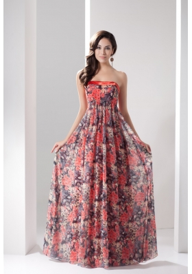 Colorful Strapless Empire Full Length Flowers Pringting Prom Dresses