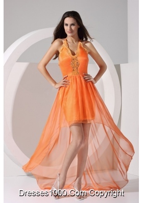 Halter Top V-neck Sheath High Low Prom Dress with Appliques