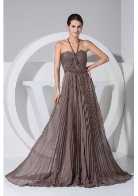 Princess Pleated Halter Top Prom Dresses in Brown with Sweep Train