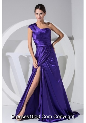 Purplr Single Shoulder Brush Train Prom Dress with Slit on The Side