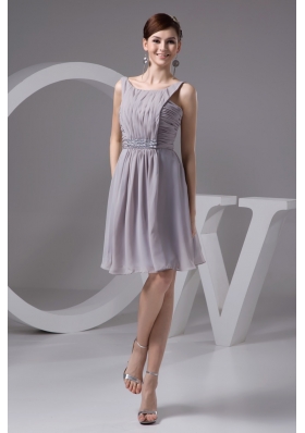 2013 Grey Scoop Chiffon Prom Dresses with Ruching and Beading