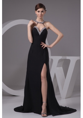 Jewelry Halter Sweep Train Sheath Prom Gowns with Silt on The Side