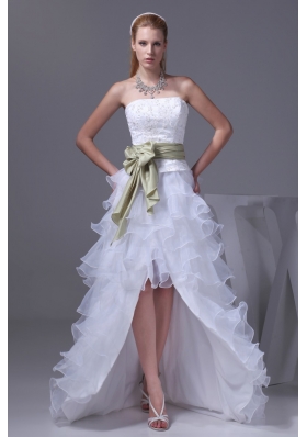 White High-low Embroidery Prom Dress for Women with Sash Organza