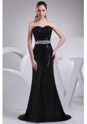 Black Sequin Sweetheart Brush Train Prom Dresses wirh Beaded Sash