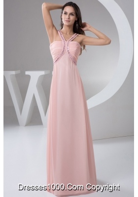 Beautiful Beaded Straps Ruched Prom Dress in Baby Pink