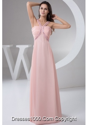 Beautiful Beaded Straps Ruched Prom Dress in Baby Pink