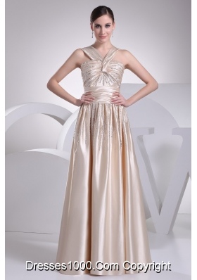 Floor-length V-neck Prom Gowns with Ruching and Beading