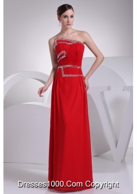Ruching and Beading Red Prom Gowns with Asymmetrical Neckline