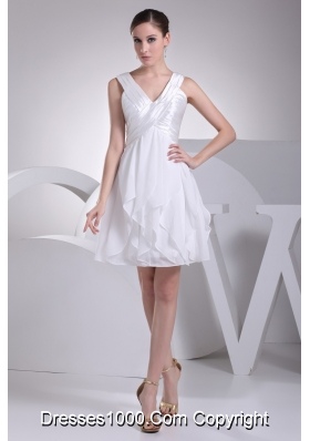 Ruffles and Ruching Decorated Princess V-neck White Prom Gowns