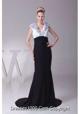 Column White and Black V-neck Ruffles Beading Prom Dresses