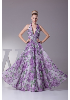 Fashion Multi-color Halter Printing Ruching Prom Dresses