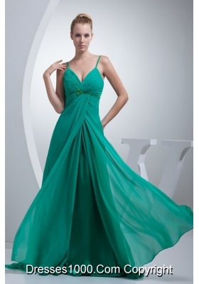 Beading and Ruches Accent Turquoise Prom Evening Dress with Straps