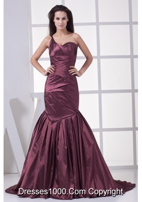 Burgundy One Shoulder Mermaid Ruched Brush Train Prom Graduation Dress