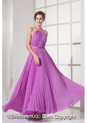 Pleating Decorated Halter Top Ankle-length Prom Dresses with Sash
