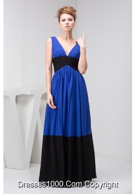 Floor-length V-neck Column Blue and Black Prom Dress with Ruche