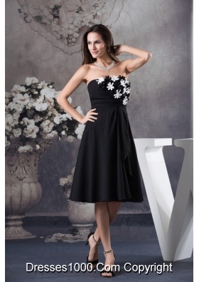 Hand Made Flowers Decorated Strapless Prom Dress in Black