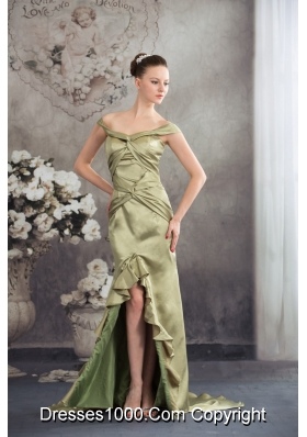 Off-the-shoulder Olivaceous High-low Flounced Prom Formal Dress