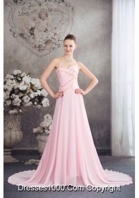 Sweetheart Court Train Pink Chiffon Prom Celebrity Dress with Beading