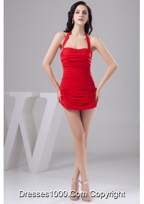 Sexy Column Halter Short Red Cocktail Prom Dress with Ruching