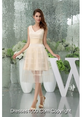 Beautiful A-line Satin Tulle V-neck Knee-length Champagne Prom Dress