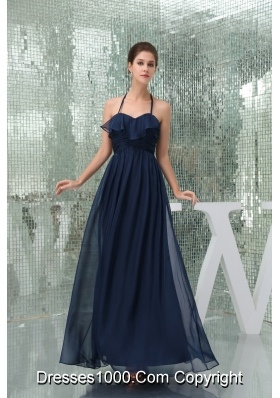 Column Navy Blue Ankle-length Halter Top Ruched Prom Dress for Ladies