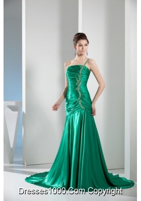 2014 Green One Shoulder Column Ruching Prom Gowns for Party