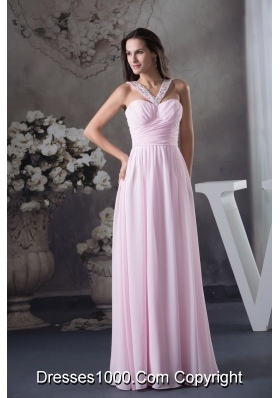 Beaded V-neck Ruched Pink Prom Holiday Dress with Side Zipper