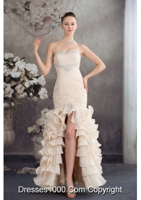 Champagne High Slit Prom Holiday Dress with Beading and Ruffled Layers