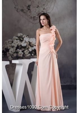 Light Pink One Shoulder Floor-length Prom Dress with Handmade Flower